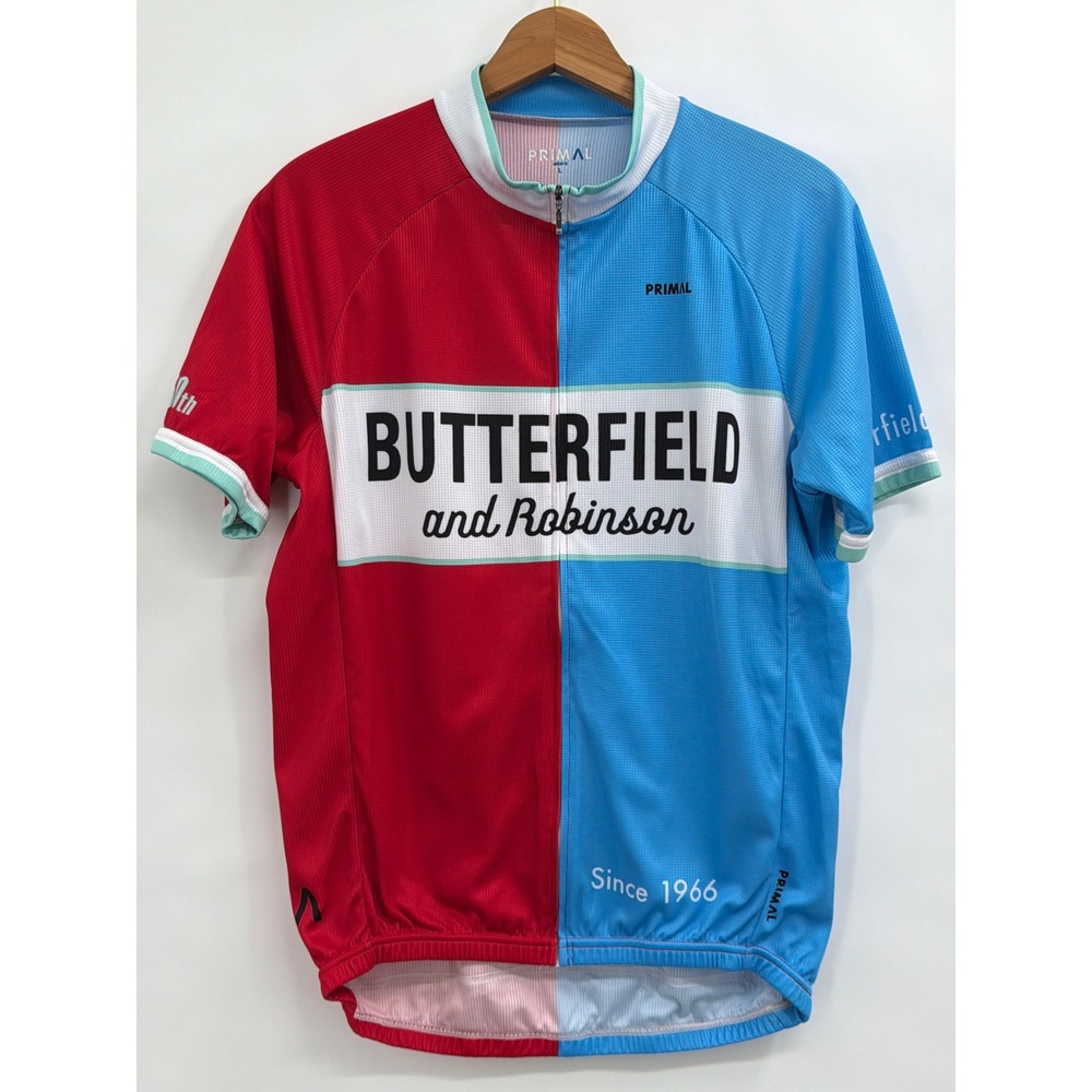 Primal Mens Butterfield and Robinson Cycling Jersey Red Blue Size L Short Sleeve